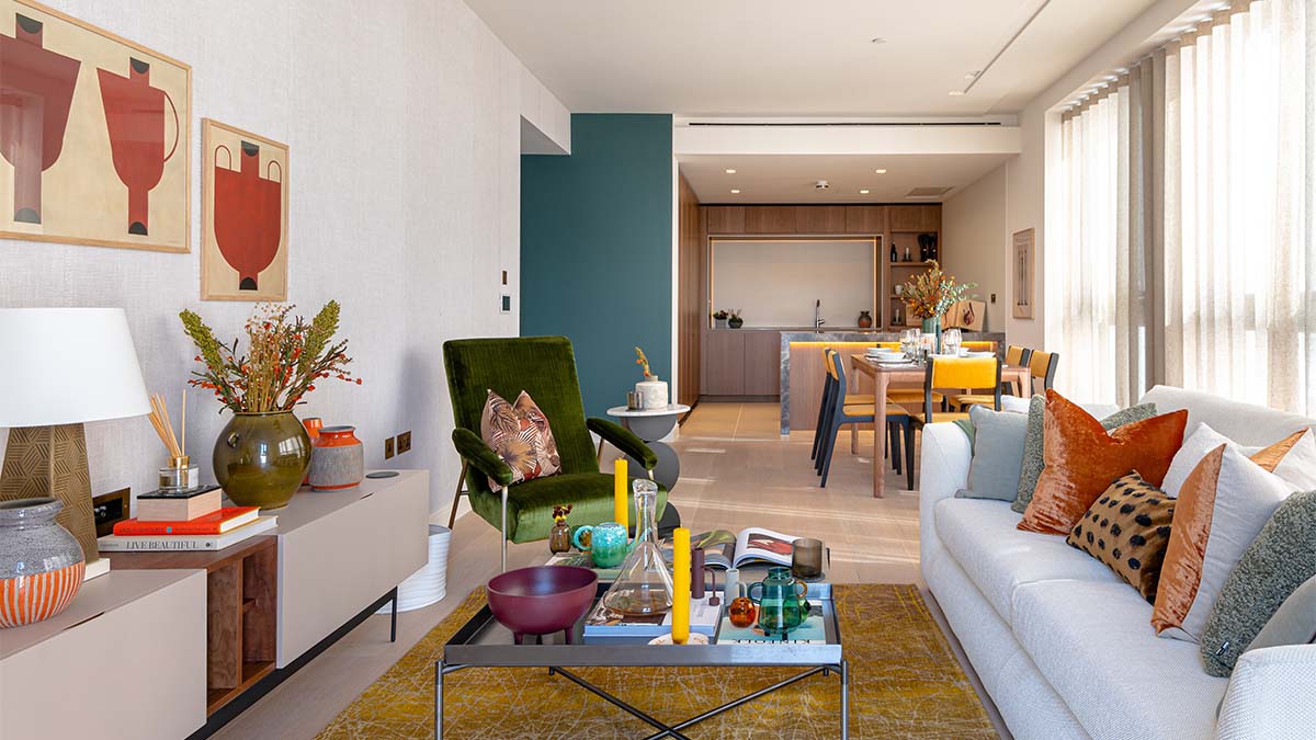 Modern living room with sofa, armchair, and dining table of Lincoln Square