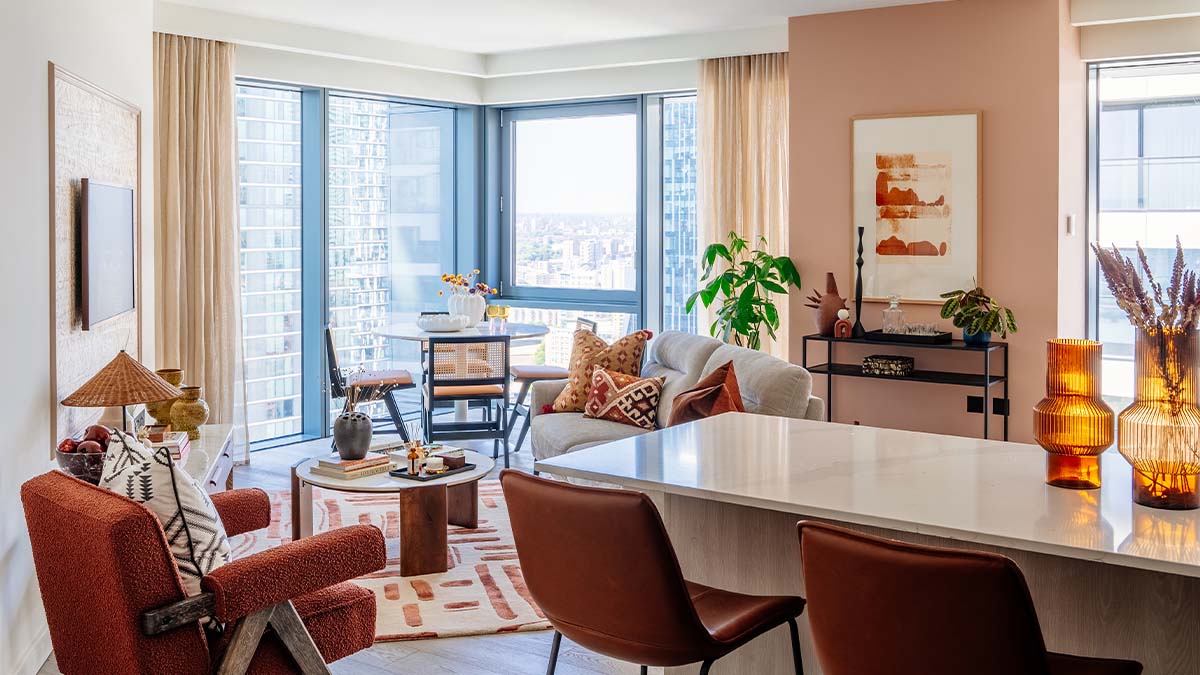 Modern apartment living room with city views